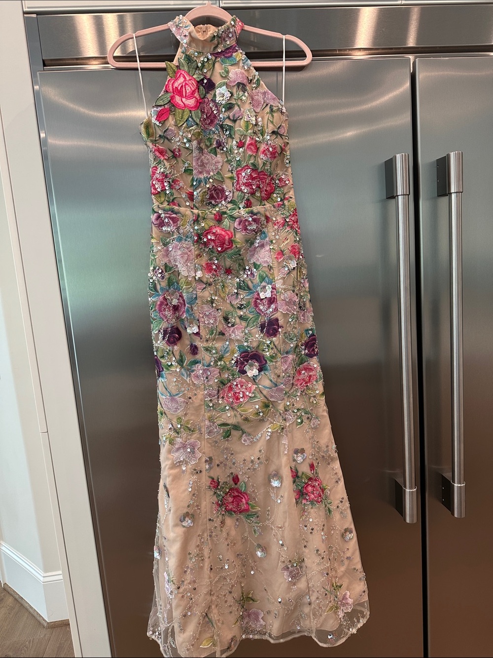 Elliatt Multicolor Embroidered Sequin Halter with Blush Lining